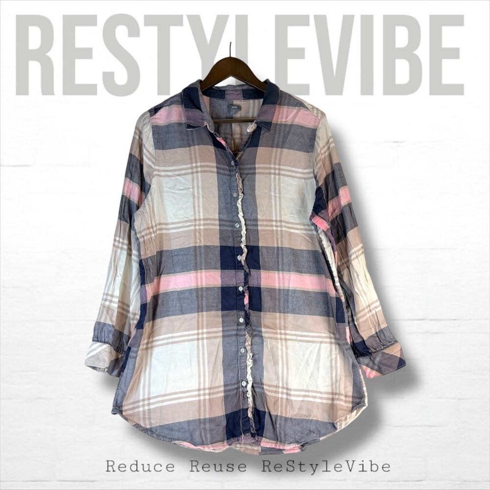 aerie Plaid Button-Down Shirt in Navy, Pink, Cream